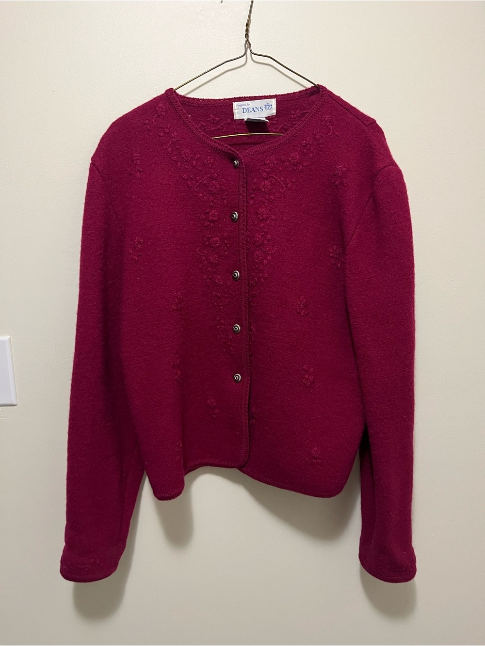 Vintage DEANS Pure Wool Cardigan Knit Jacket Burgundy Magenta Floral Size L